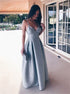 A Line Spaghetti Straps Backless Floor Length Satin Prom Dresses with Pleats LBQ3384
